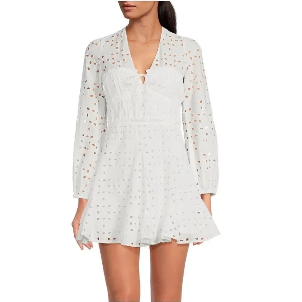 Gianni Bini Katrina Eyelet V-Neck Long Sleeve A-Line Cotton Sun Dress Large NEW